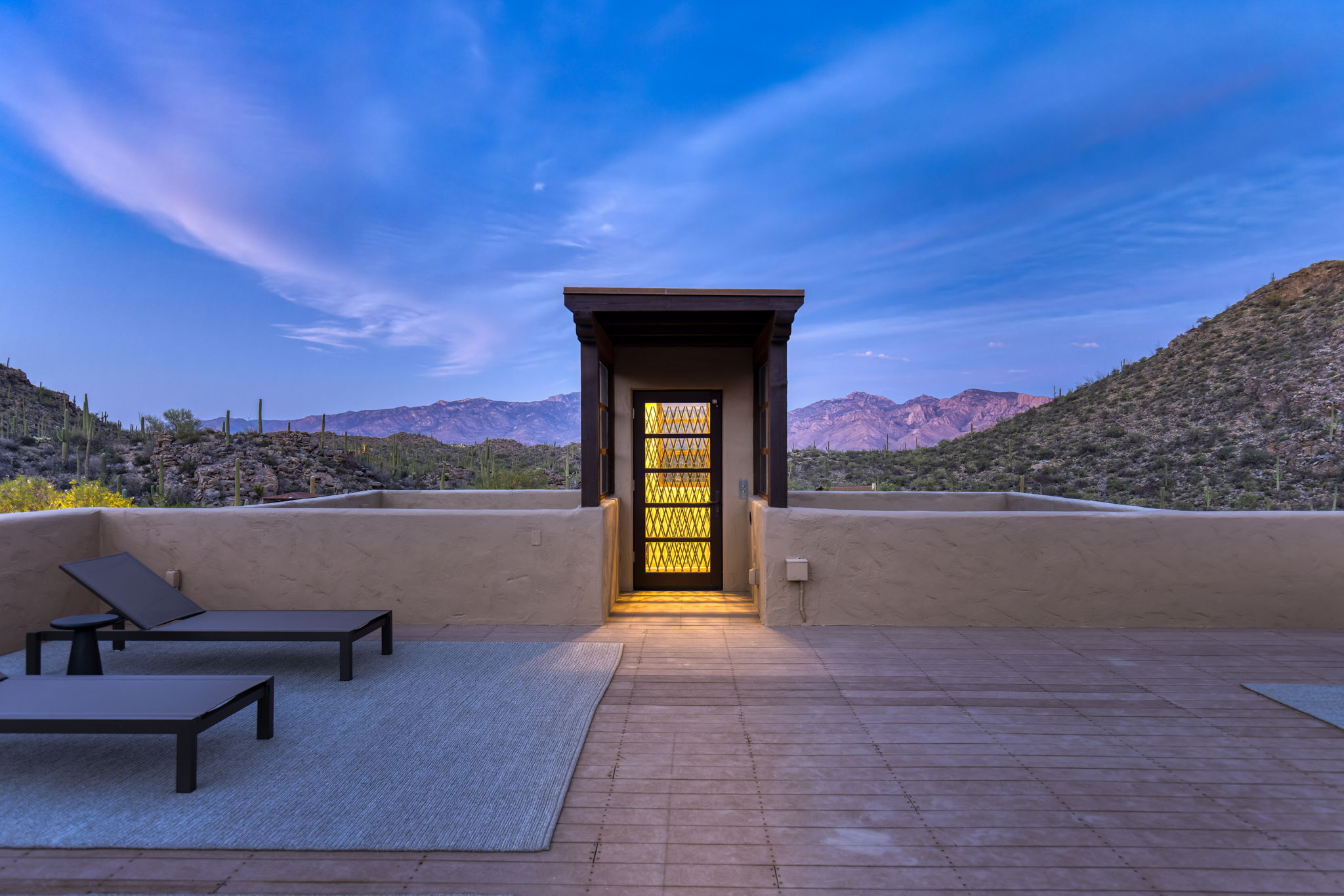 The rooftop sky deck at dusk