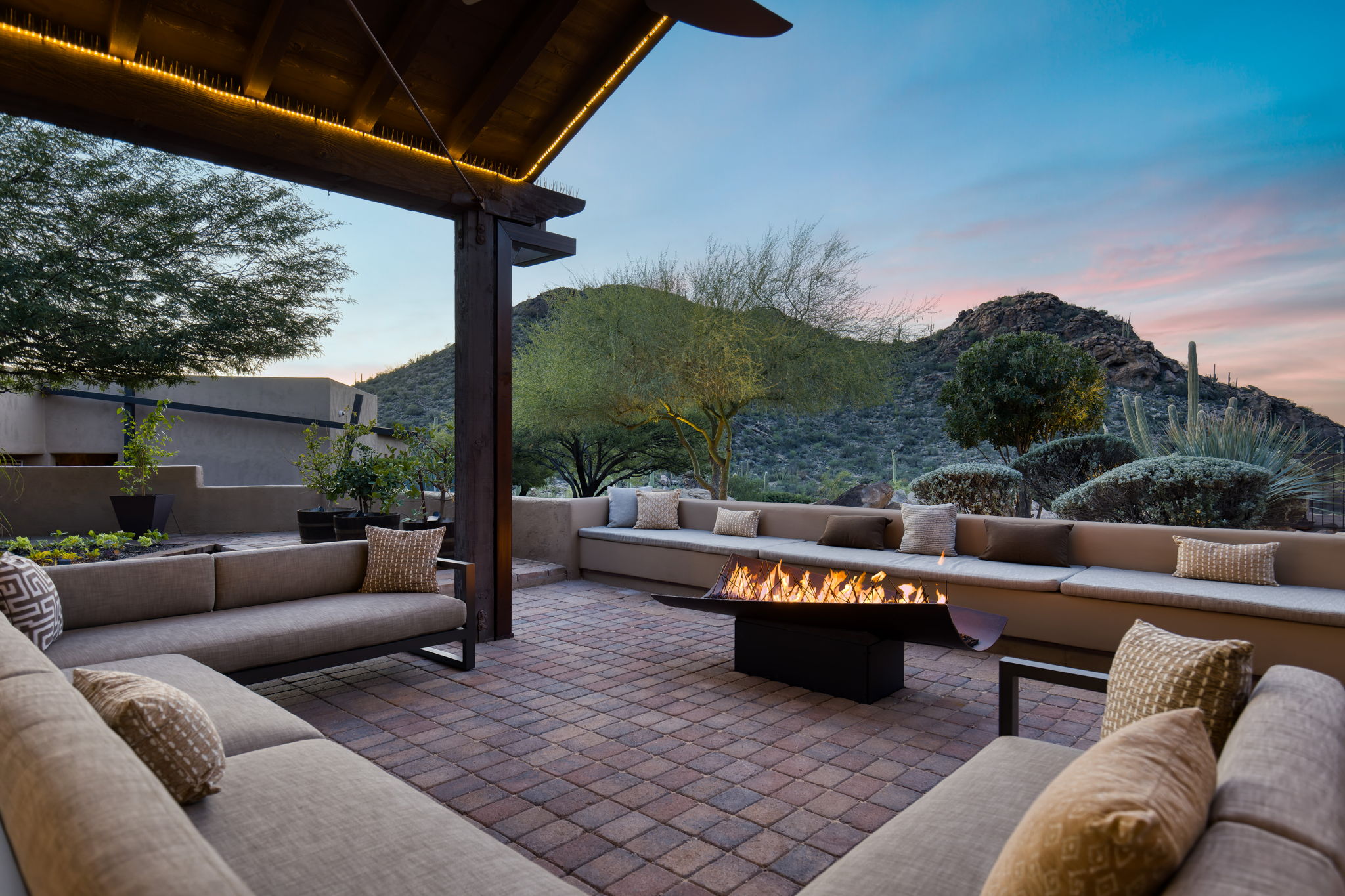 Long fire bar running the length of the terrace